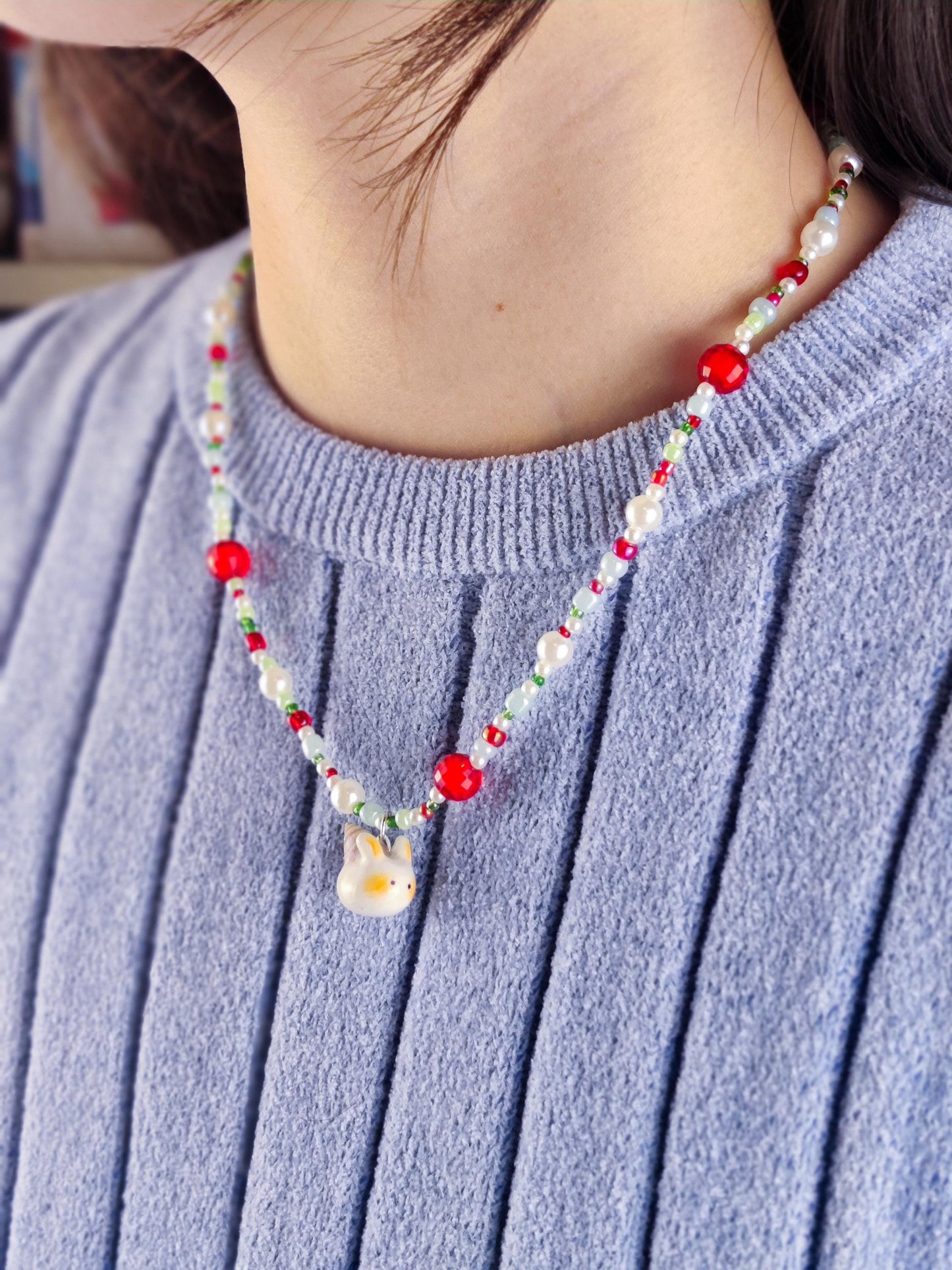 Cute Handmade Beaded Necklace - Sea bunny charm