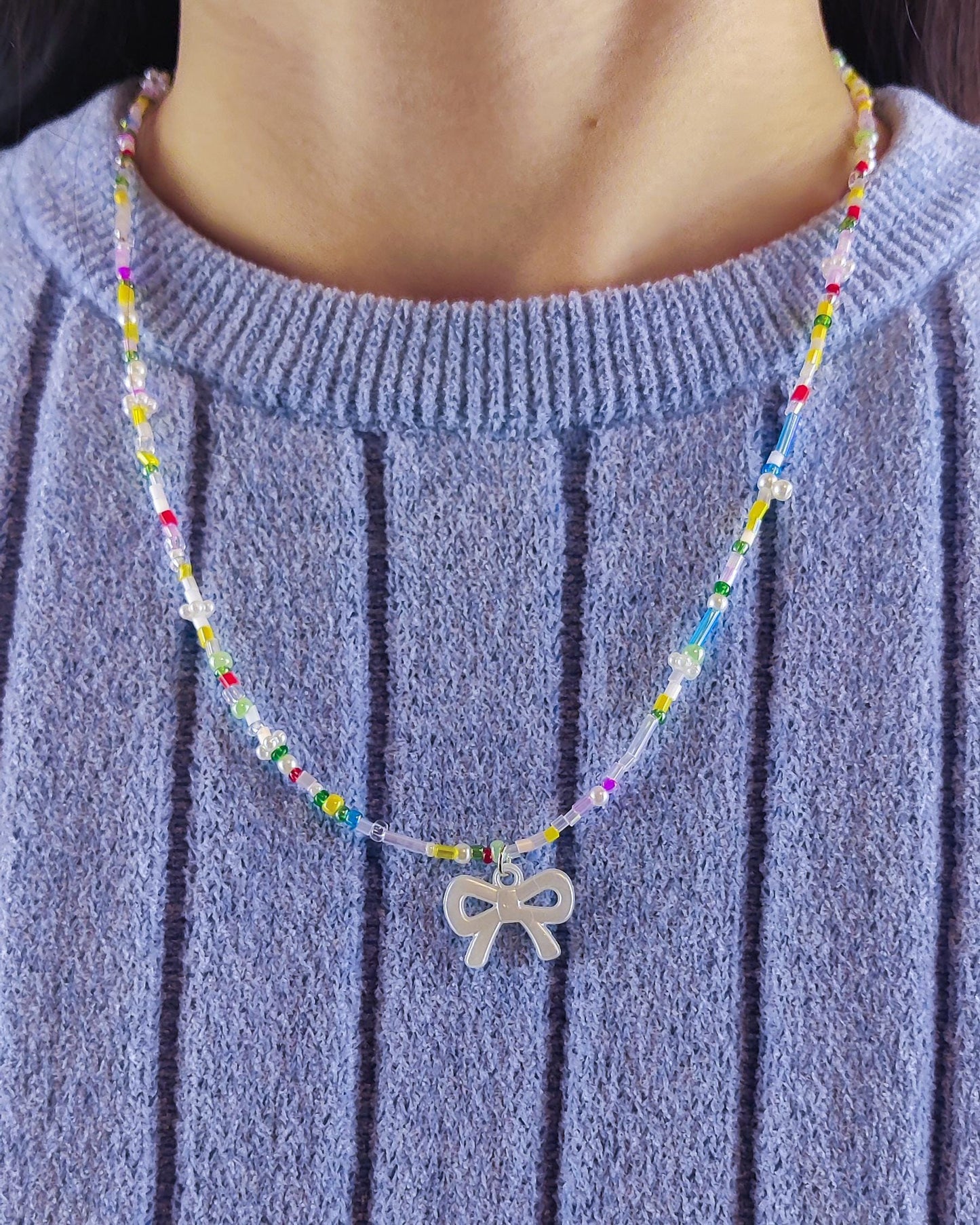 Cute Handmade Beaded Necklace - Ribbon charm