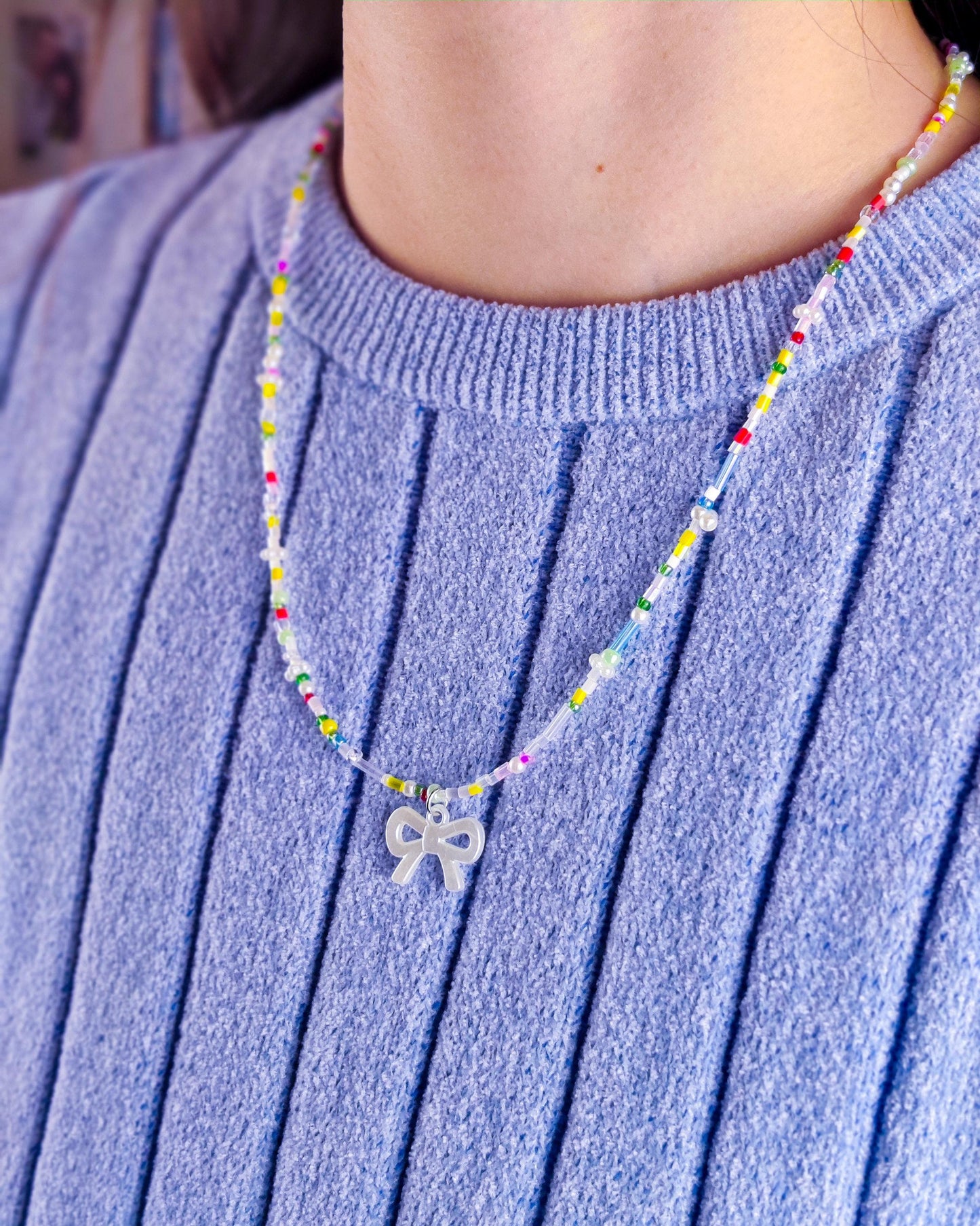 Cute Handmade Beaded Necklace - Ribbon charm