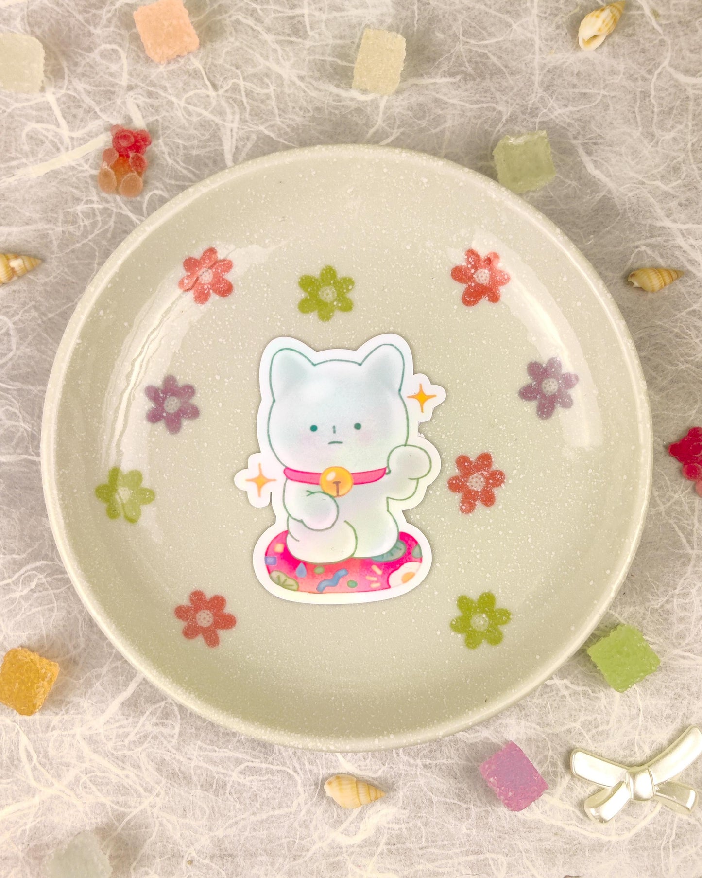 Cute Holographic Die-Cut Glossy Vinyl Sticker - Smiski Fortune Cat