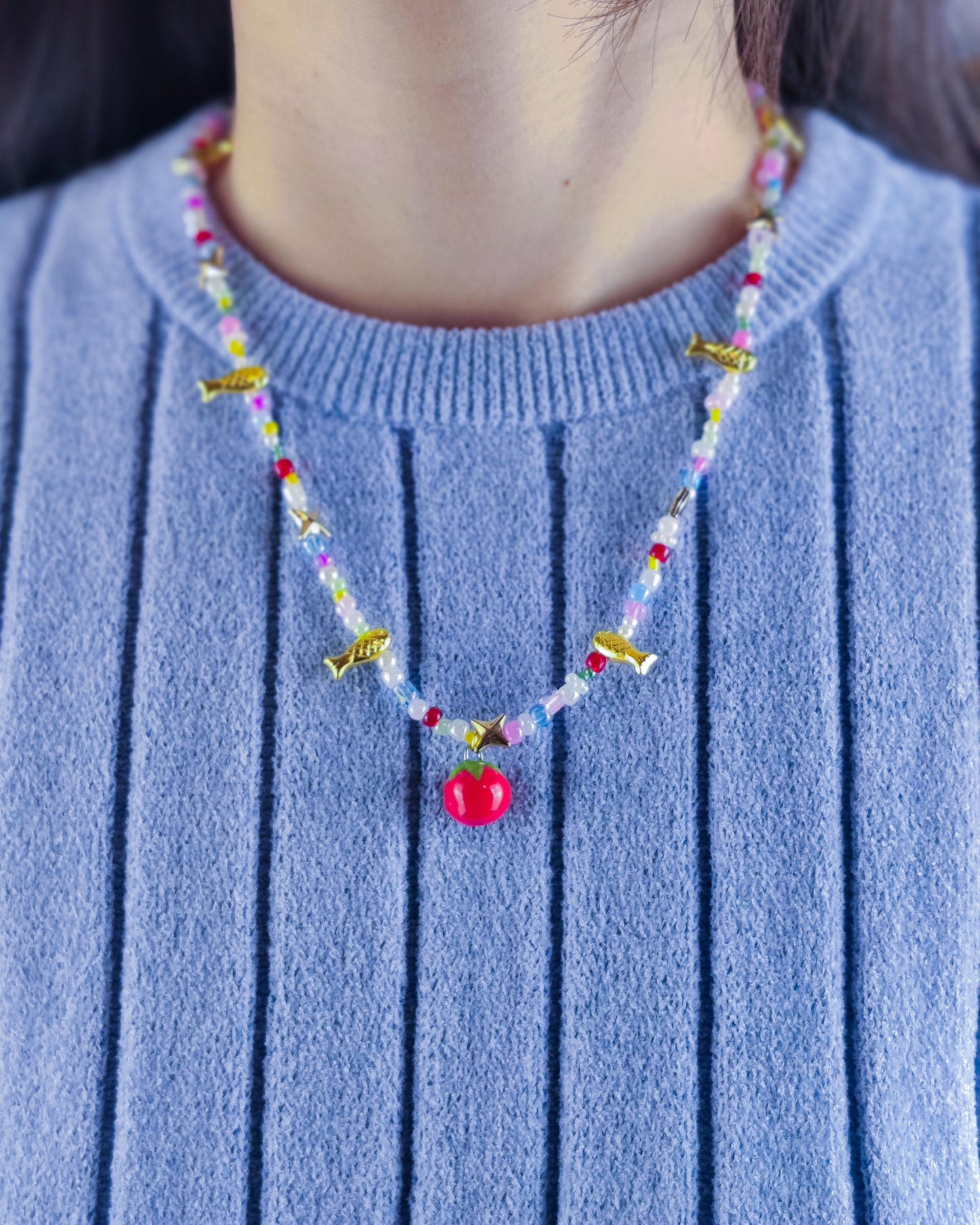 Cute Handmade Beaded Necklace - Tomato charm