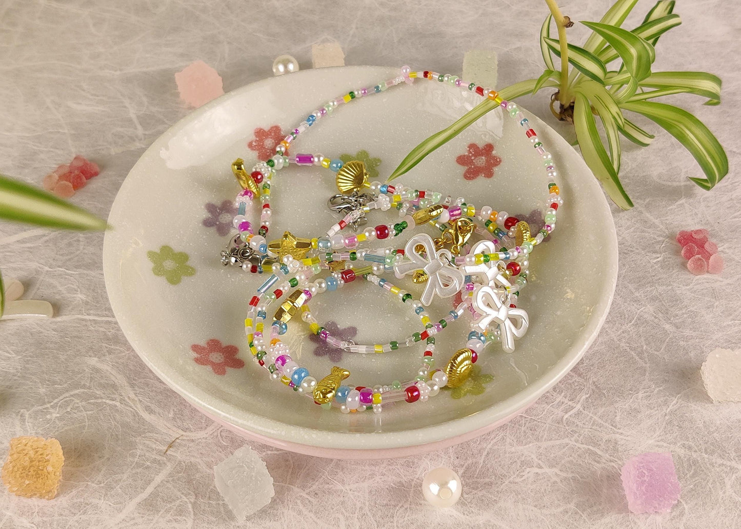 Cute Handmade Beaded Necklace - Ribbon charm