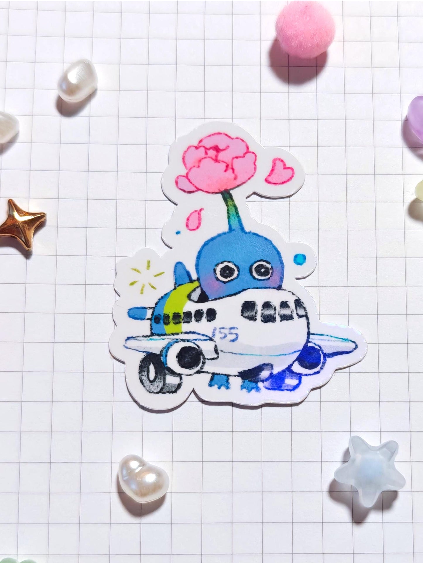 Airplane Blue Pikmin Sticker, Glossy Holographic Vinyl