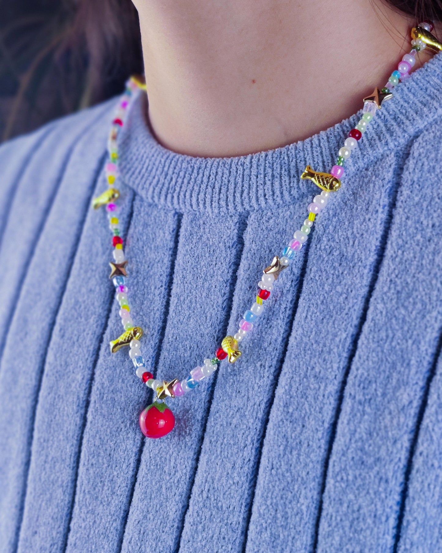 Handmade Tomato Charm Necklace: Polymer Clay Beaded Jewelry