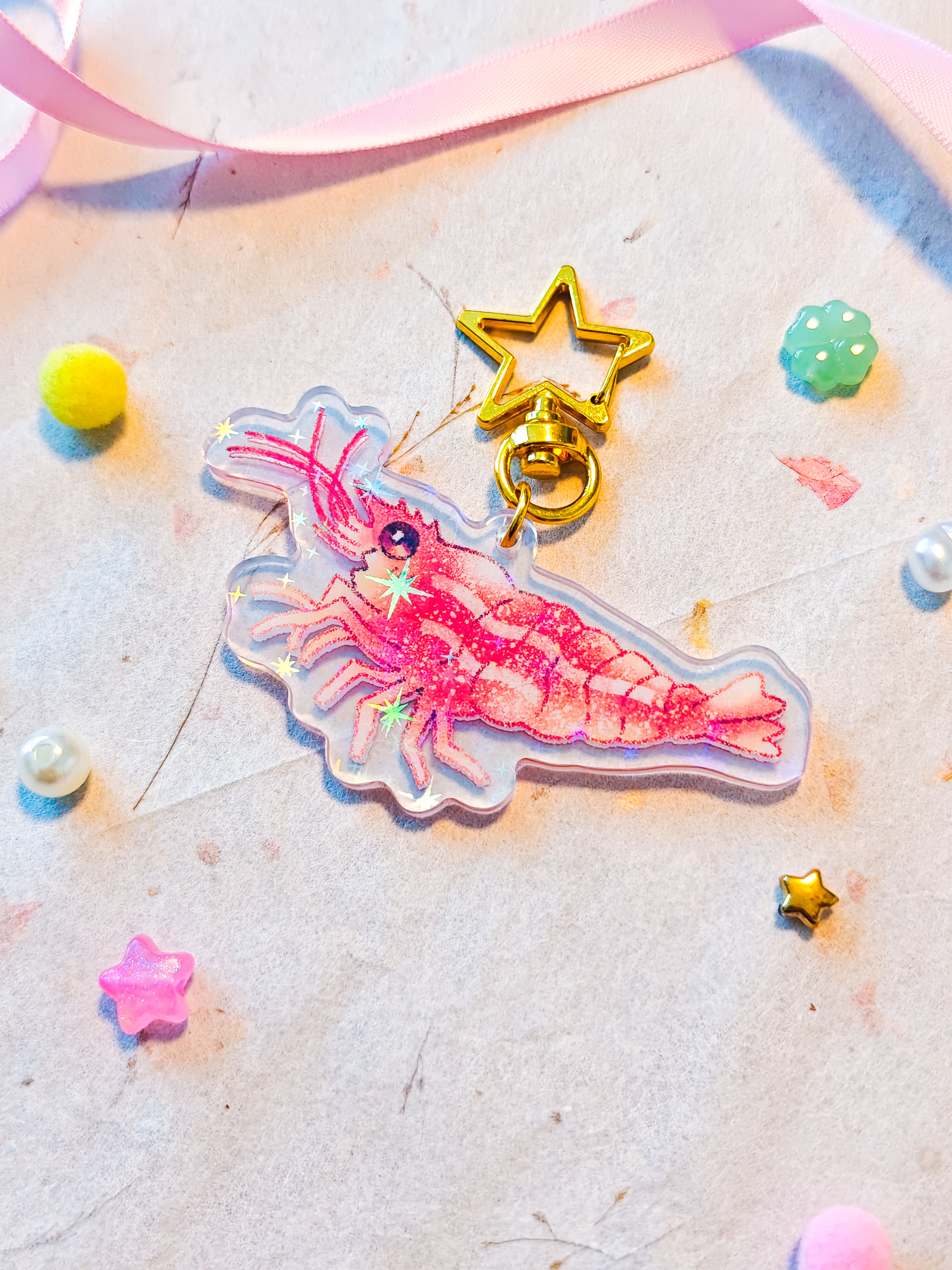 Holographic Shrimp Keychain with Star Hook