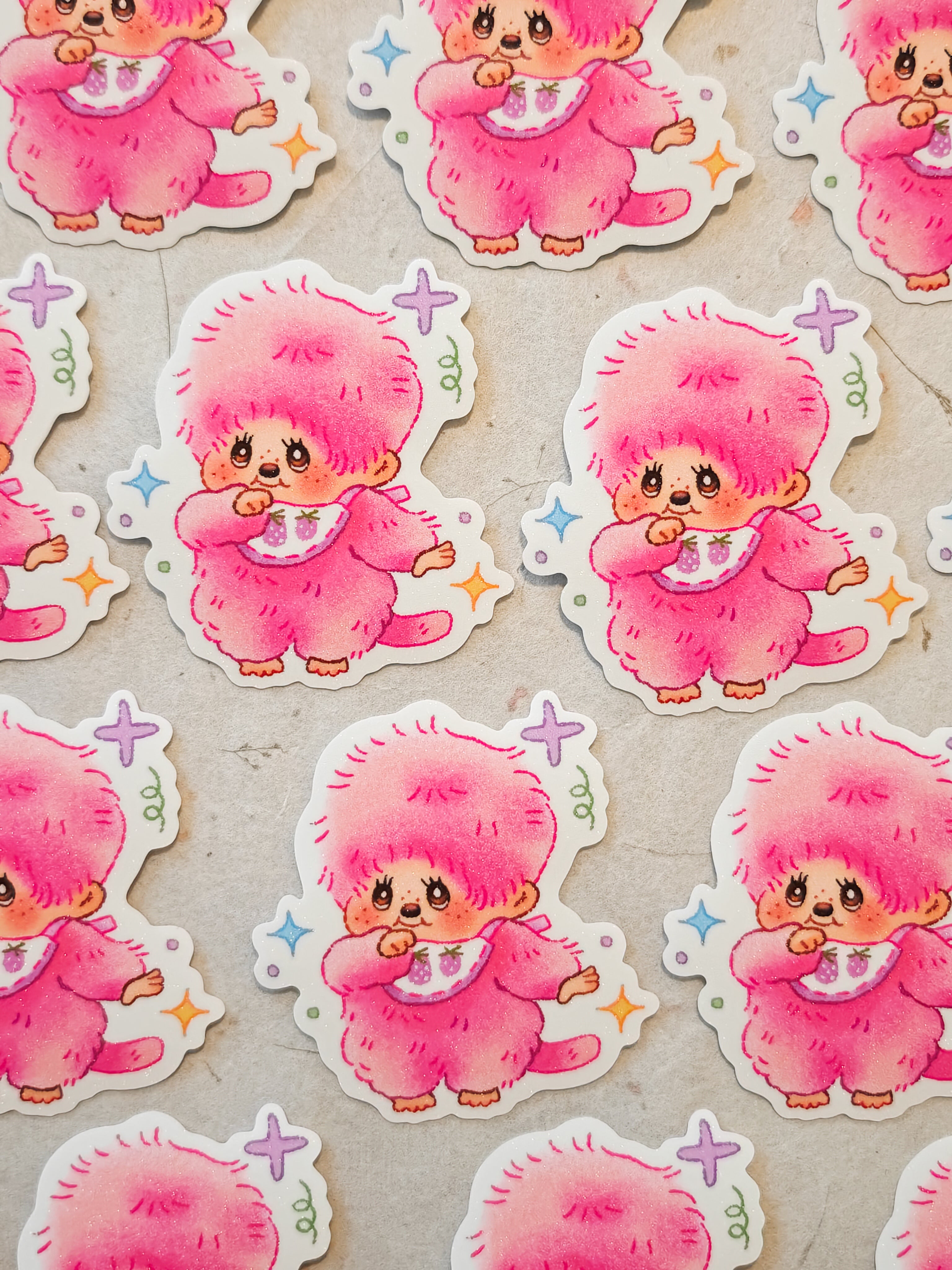 Holographic Pink Monchhichi Vinyl Sticker