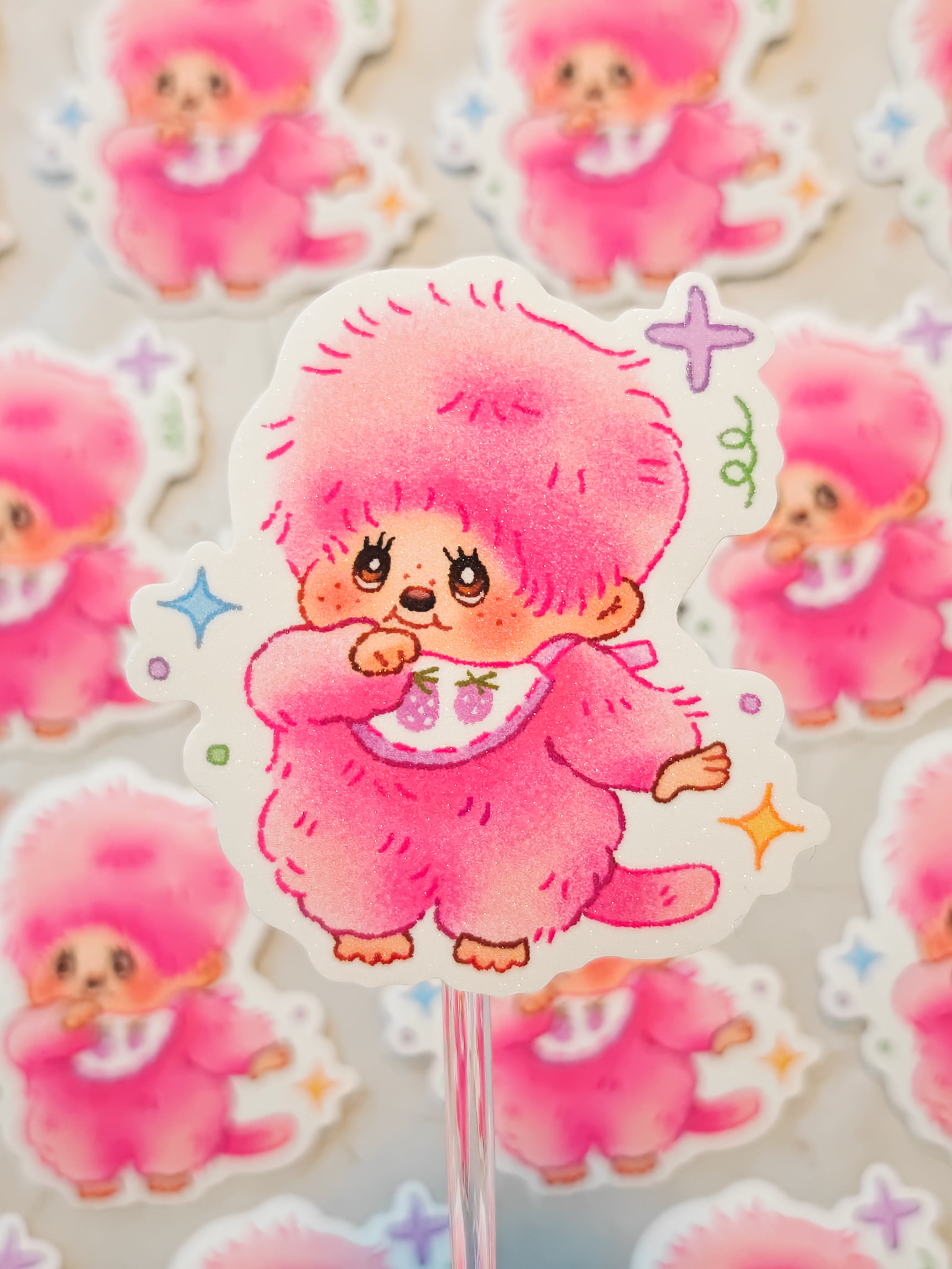 Holographic Pink Monchhichi Vinyl Sticker