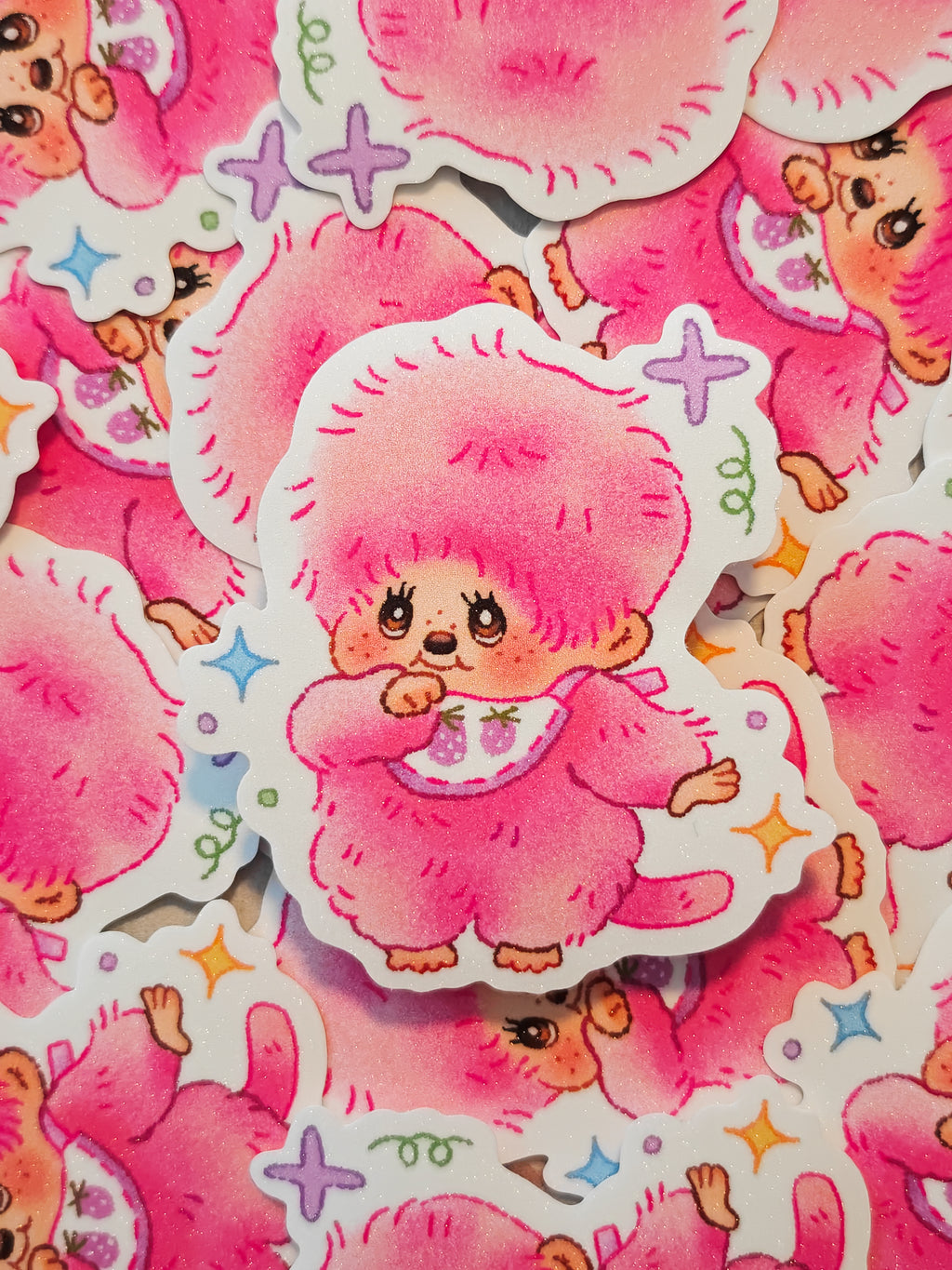 Holographic Pink Monchhichi Vinyl Sticker