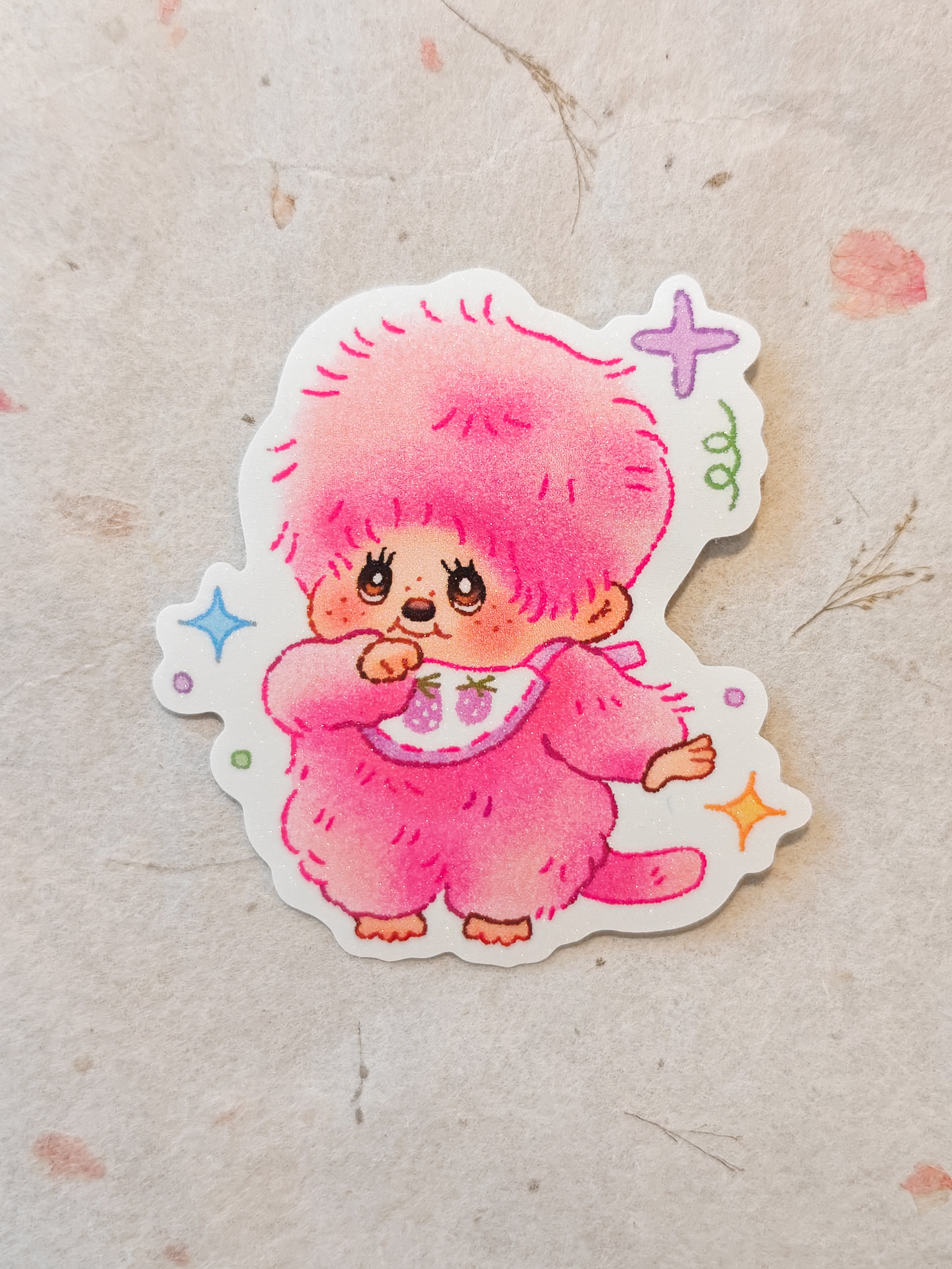 Holographic Pink Monchhichi Vinyl Sticker