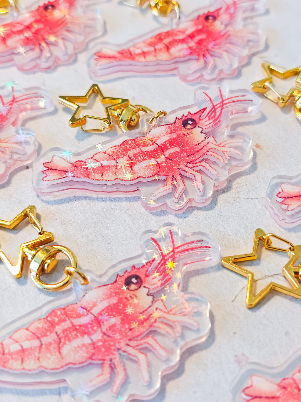 Holographic Shrimp Keychain with Star Hook