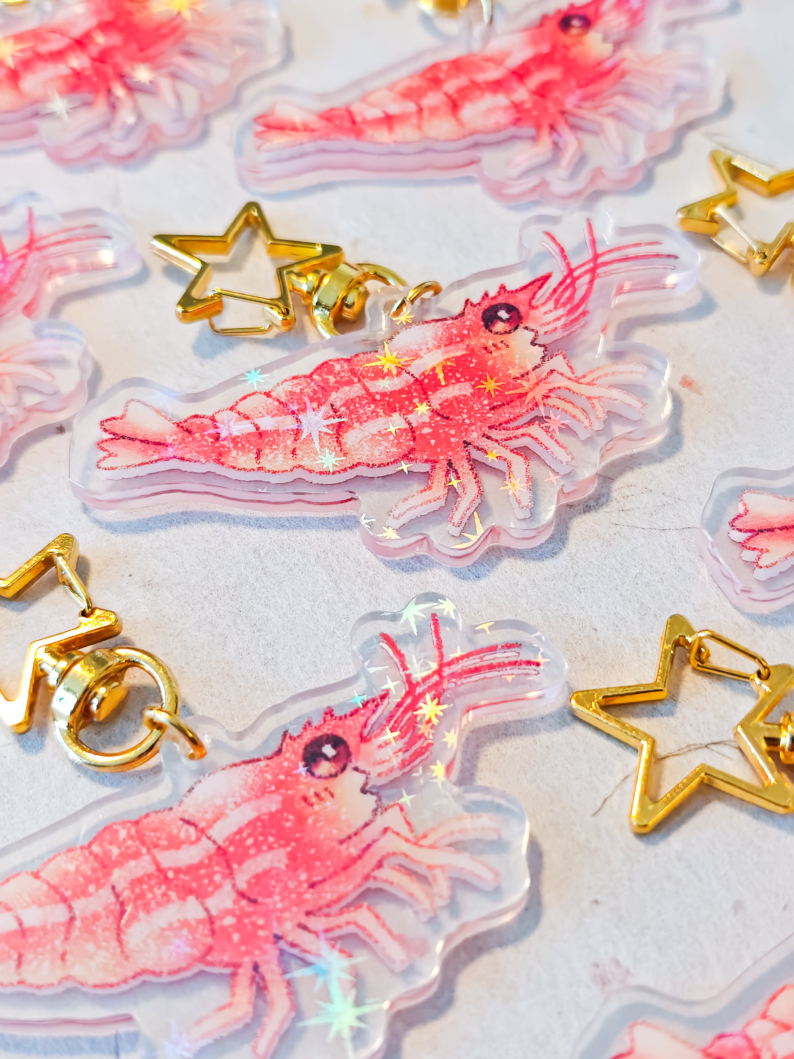 Holographic Shrimp Keychain with Star Hook