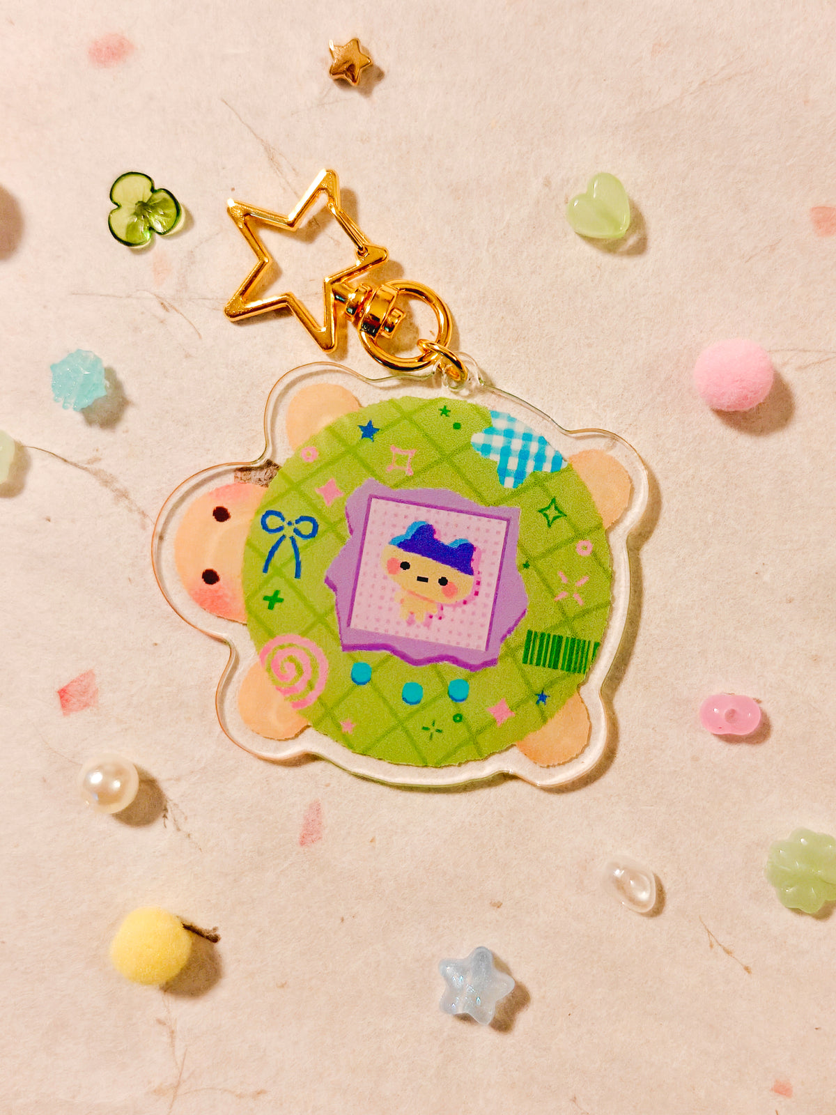 Holographic Melon Tamagotchi Keychain with Star Hook (Mamatchi)