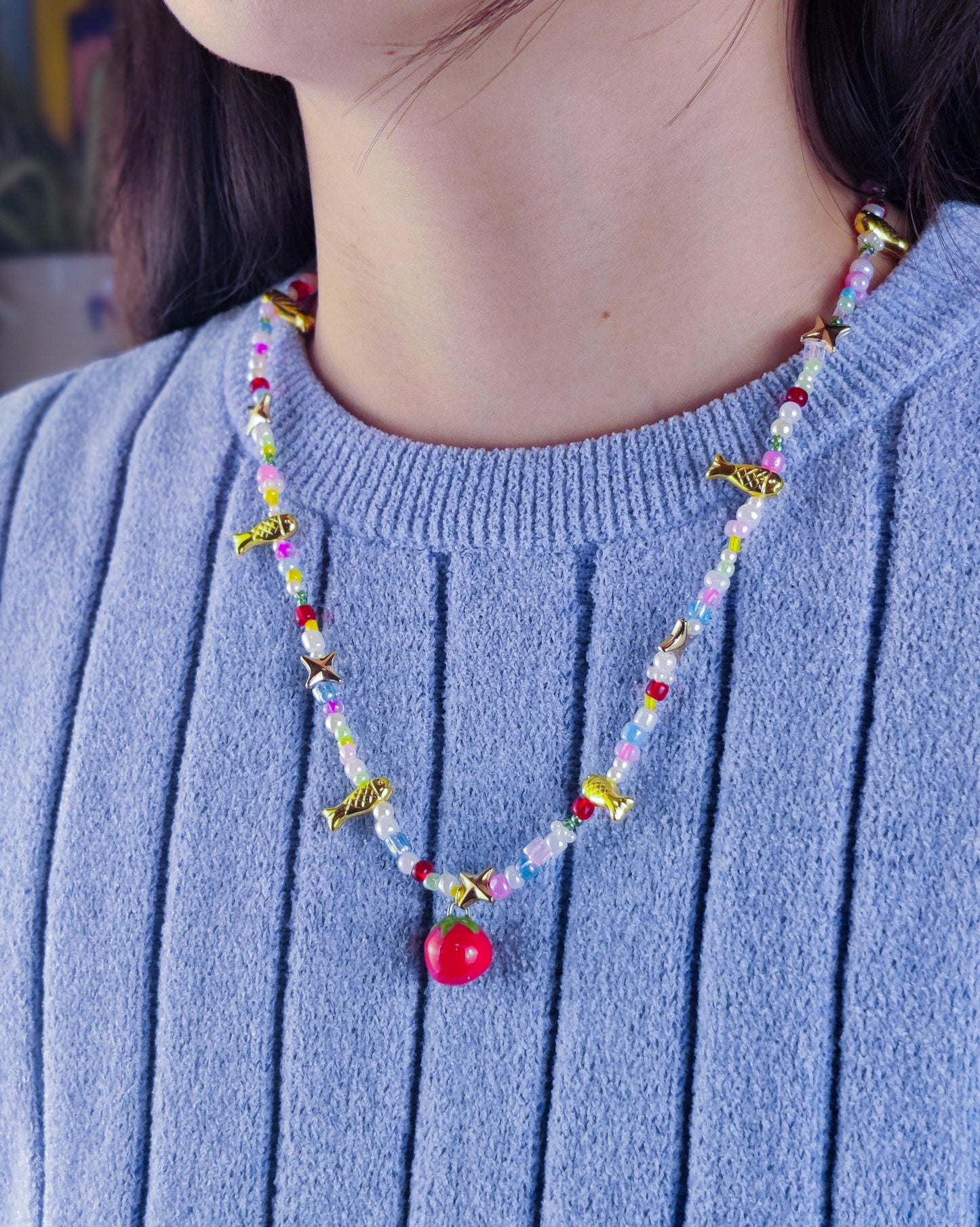 Cute Handmade Beaded Necklace - Tomato charm