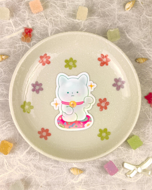 Cute Holographic Die-Cut Glossy Vinyl Sticker - Smiski Fortune Cat
