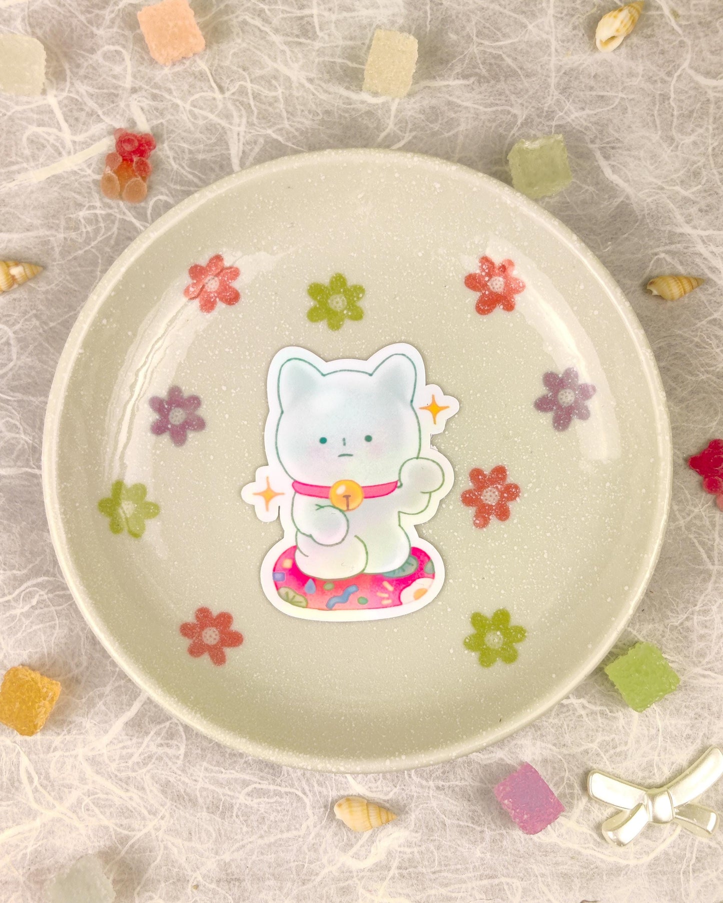 Holographic Smiski Fortune Cat Sticker - Waterproof Vinyl Die-Cut