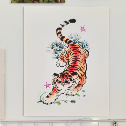 Playful Angry Tiger Art Print: Pastel Home Decor (8.5x11)