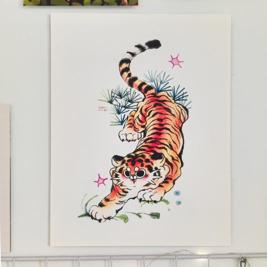 Playful Angry Tiger Art Print: Pastel Home Decor (8.5x11)