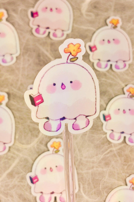 Cute Holographic Bookworm Ghost Sticker
