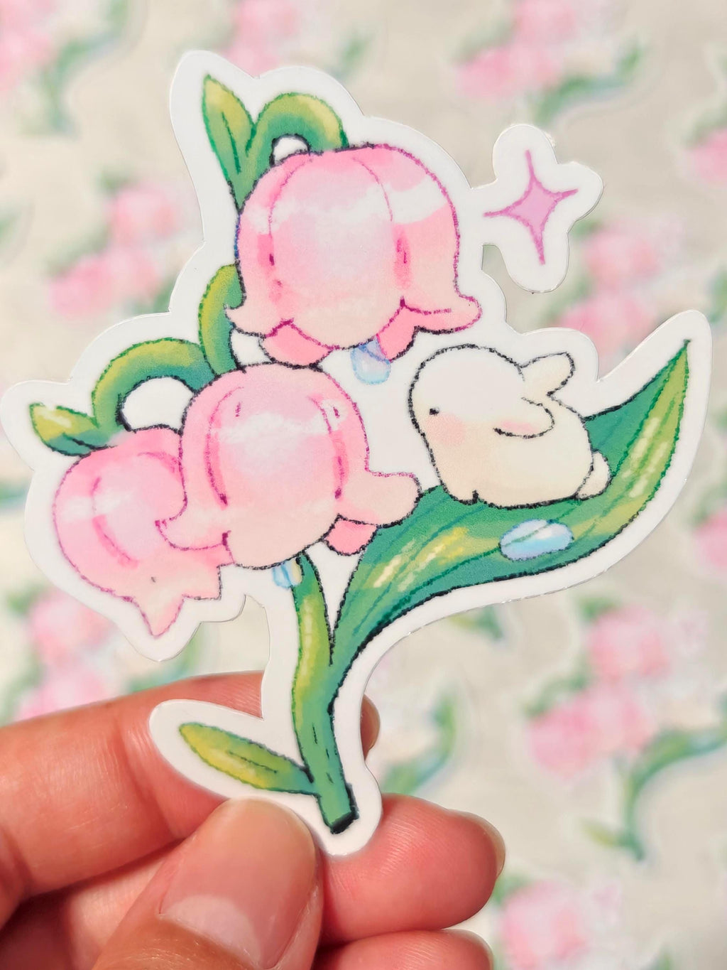 Glossy Pink Lily of the Valley Bunny Vinyl Sticker