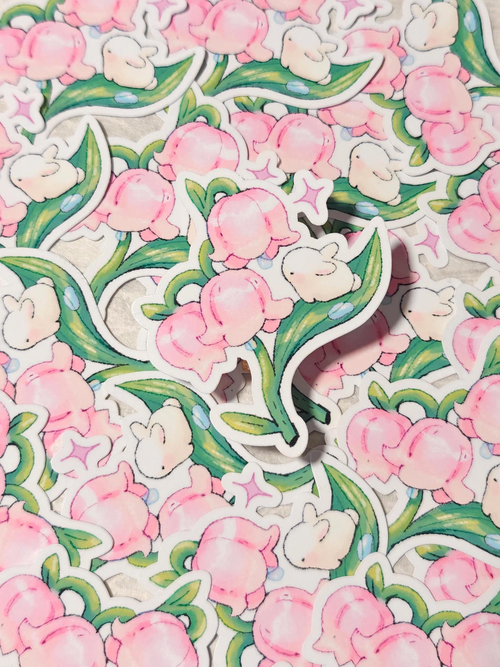 Glossy Pink Lily of the Valley Bunny Vinyl Sticker