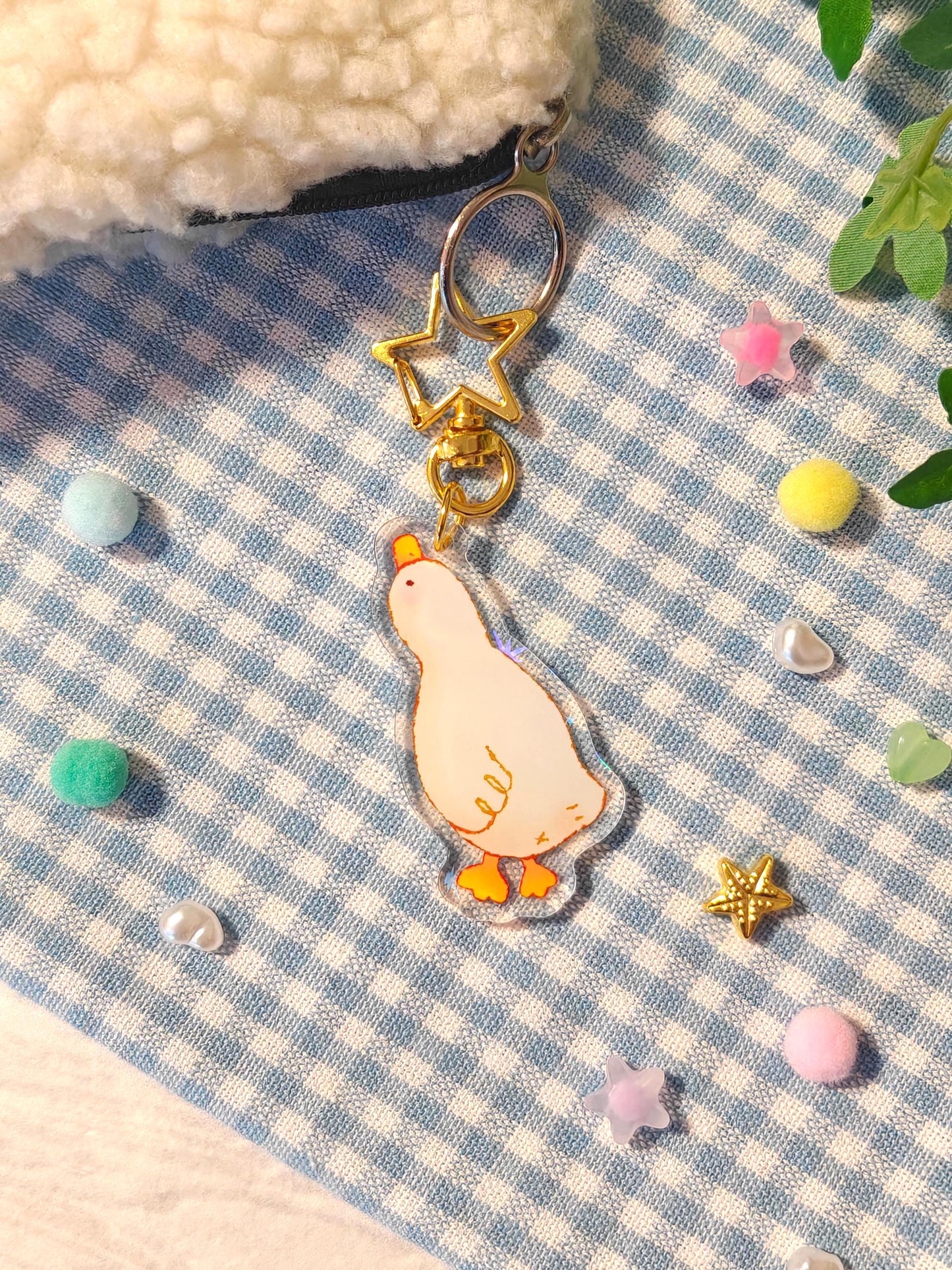 Holographic Goose Keychain – Acrylic Charm with Star Hook