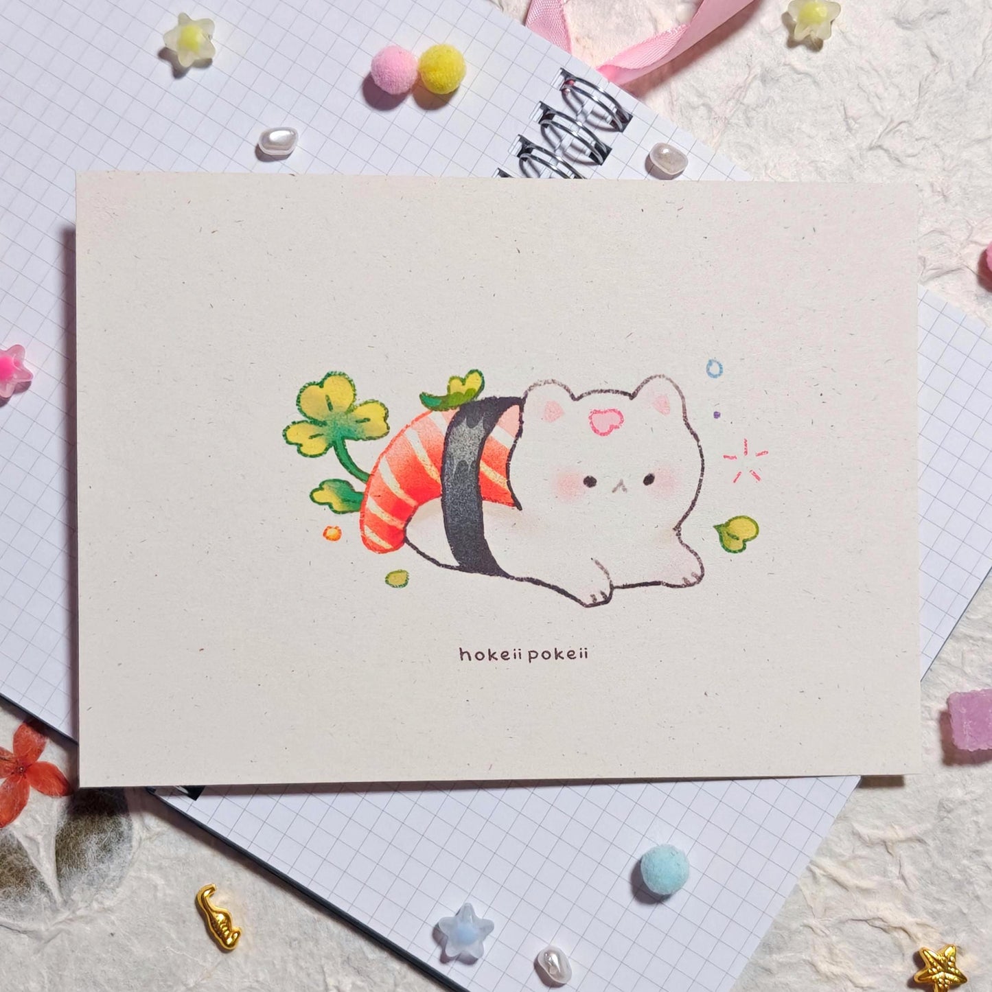 Sushi Cat Textured Art Print - Salmon