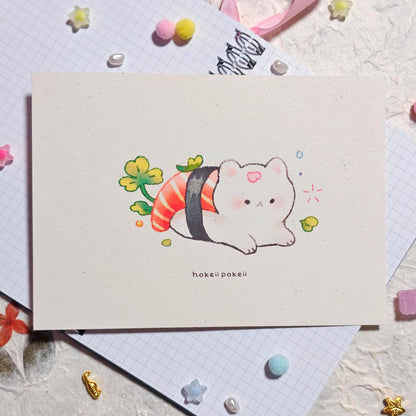 Sushi Cat Textured Art Print - Salmon