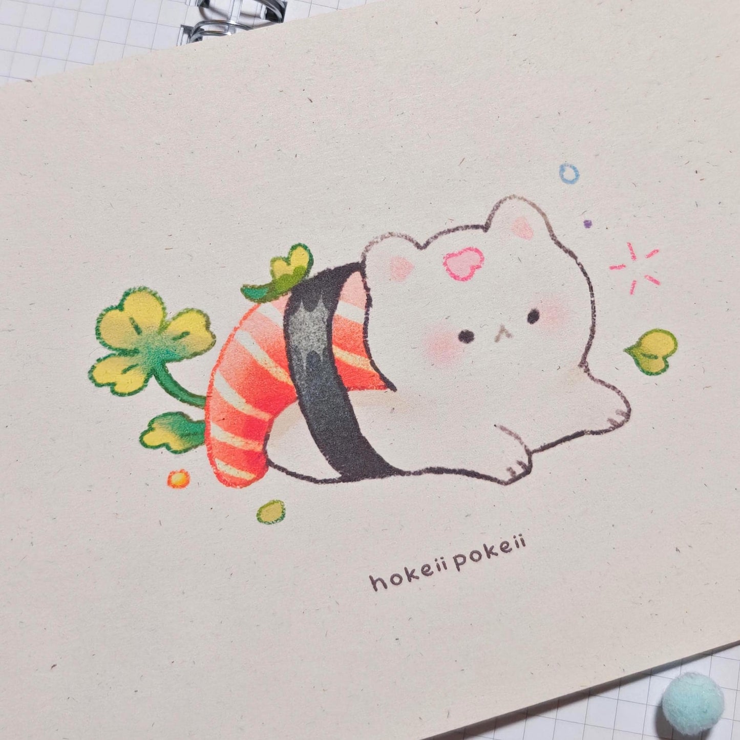 Sushi Cat Textured Art Print - Salmon