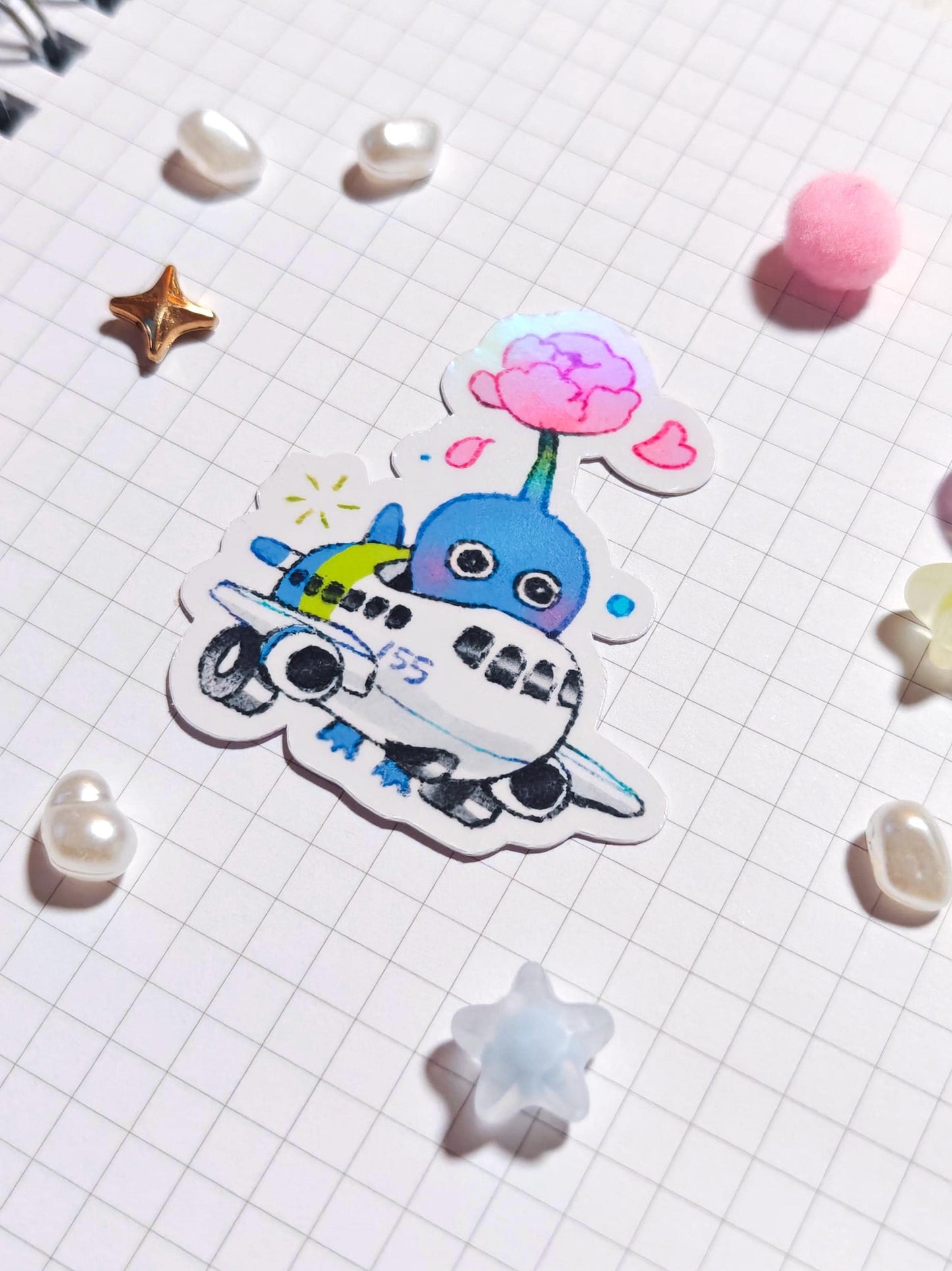 Airplane Blue Pikmin Sticker, Glossy Holographic Vinyl