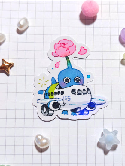 Airplane Blue Pikmin Sticker, Glossy Holographic Vinyl